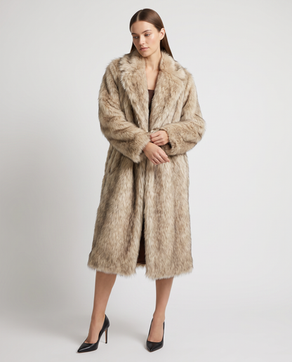 Women's beige faux fur longline coat with wide collar and long sleeves