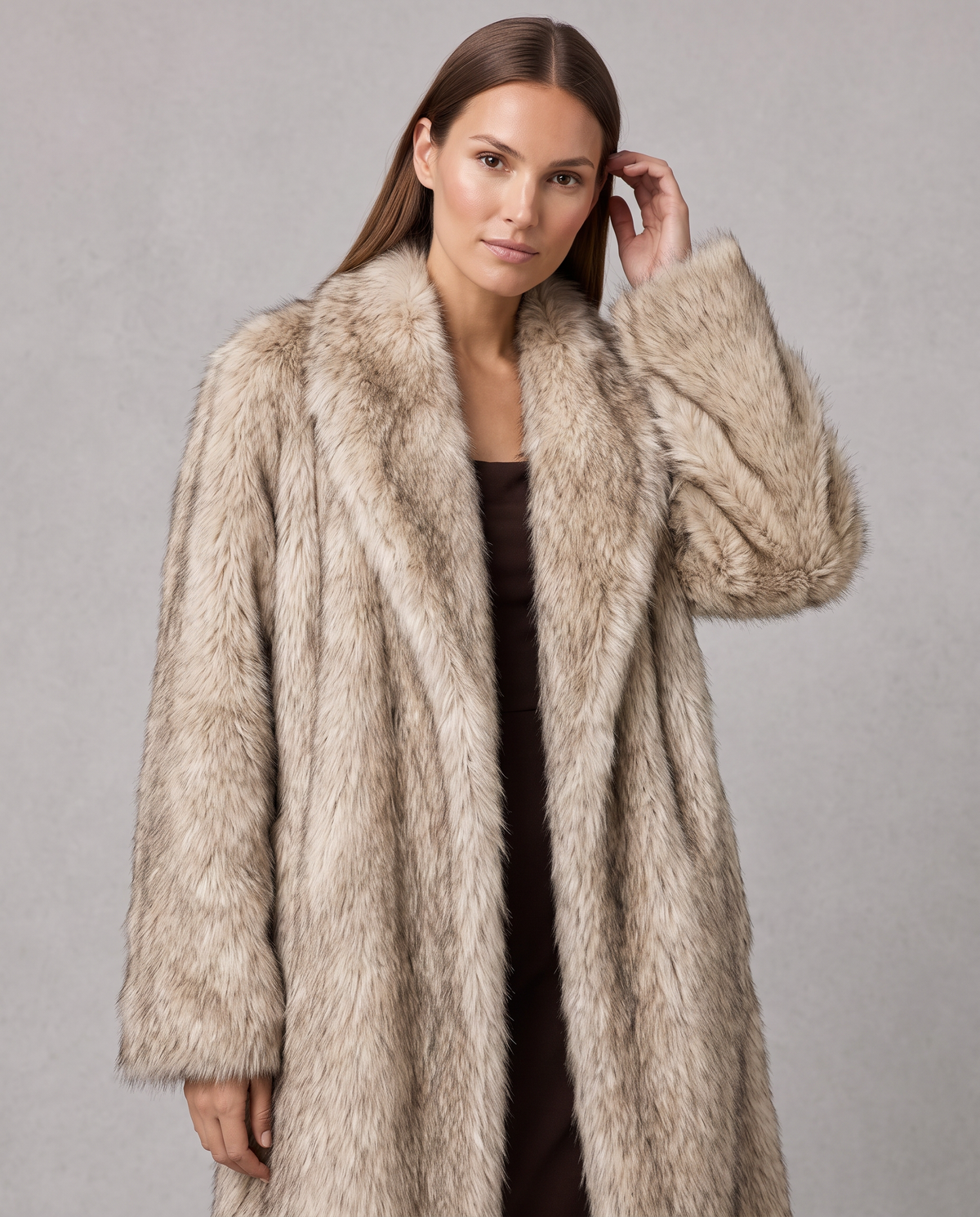 Women's beige faux fur longline coat with wide collar and long sleeves