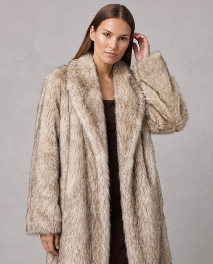 Women's beige faux fur longline coat with wide collar and long sleeves