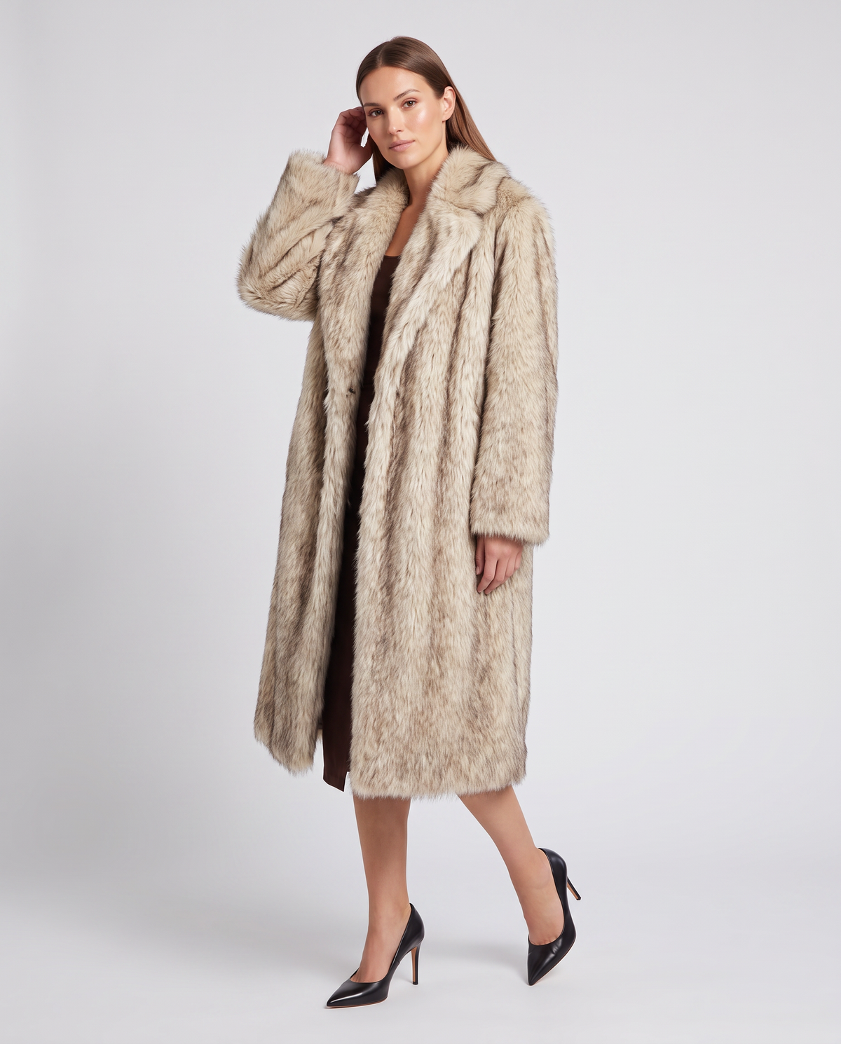 Women's beige faux fur longline coat with wide collar and long sleeves