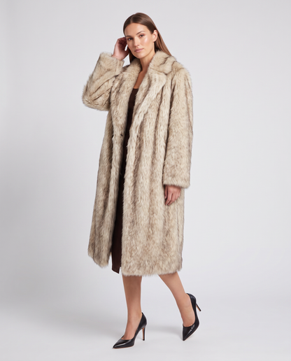 Women's beige faux fur longline coat with wide collar and long sleeves