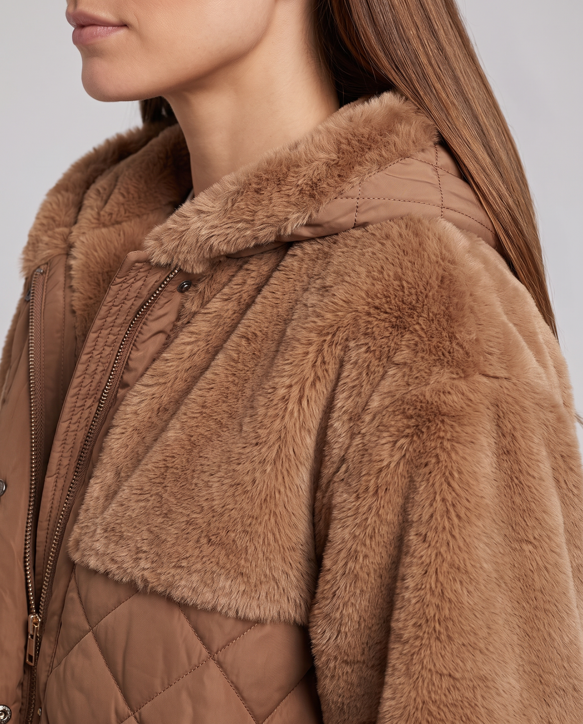 Women's hooded textured panel jacket with quilted sections and ribbed cuffs