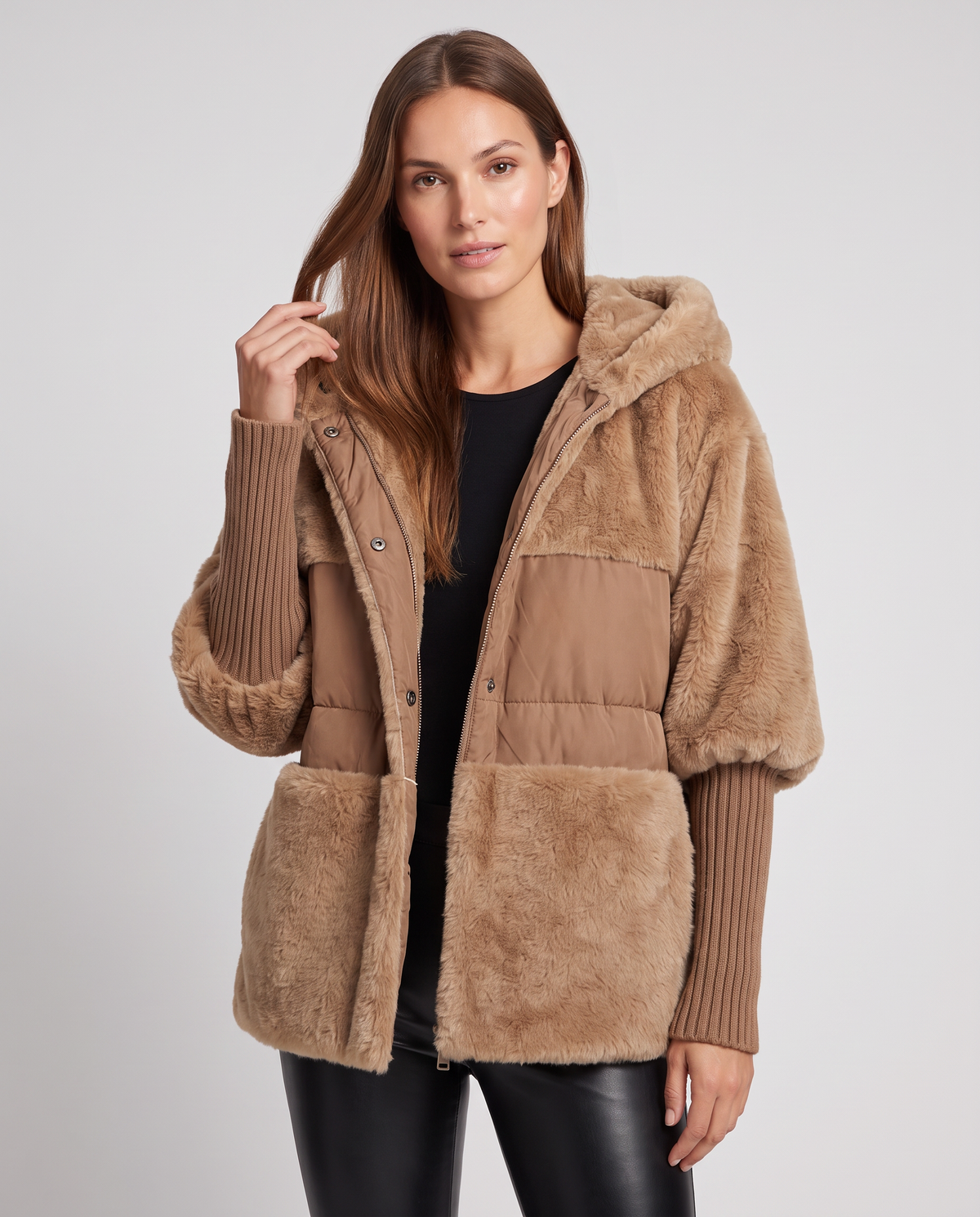 Women's hooded textured panel jacket with quilted sections and ribbed cuffs