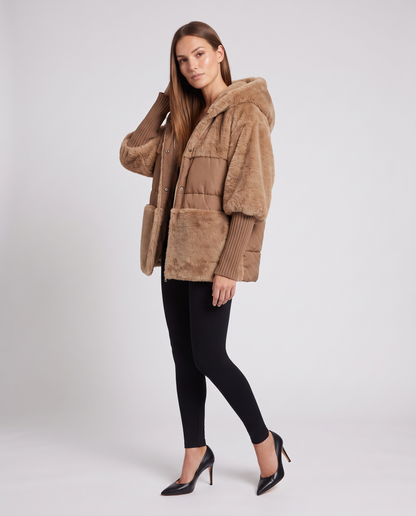 Women's hooded textured panel jacket with quilted sections and ribbed cuffs
