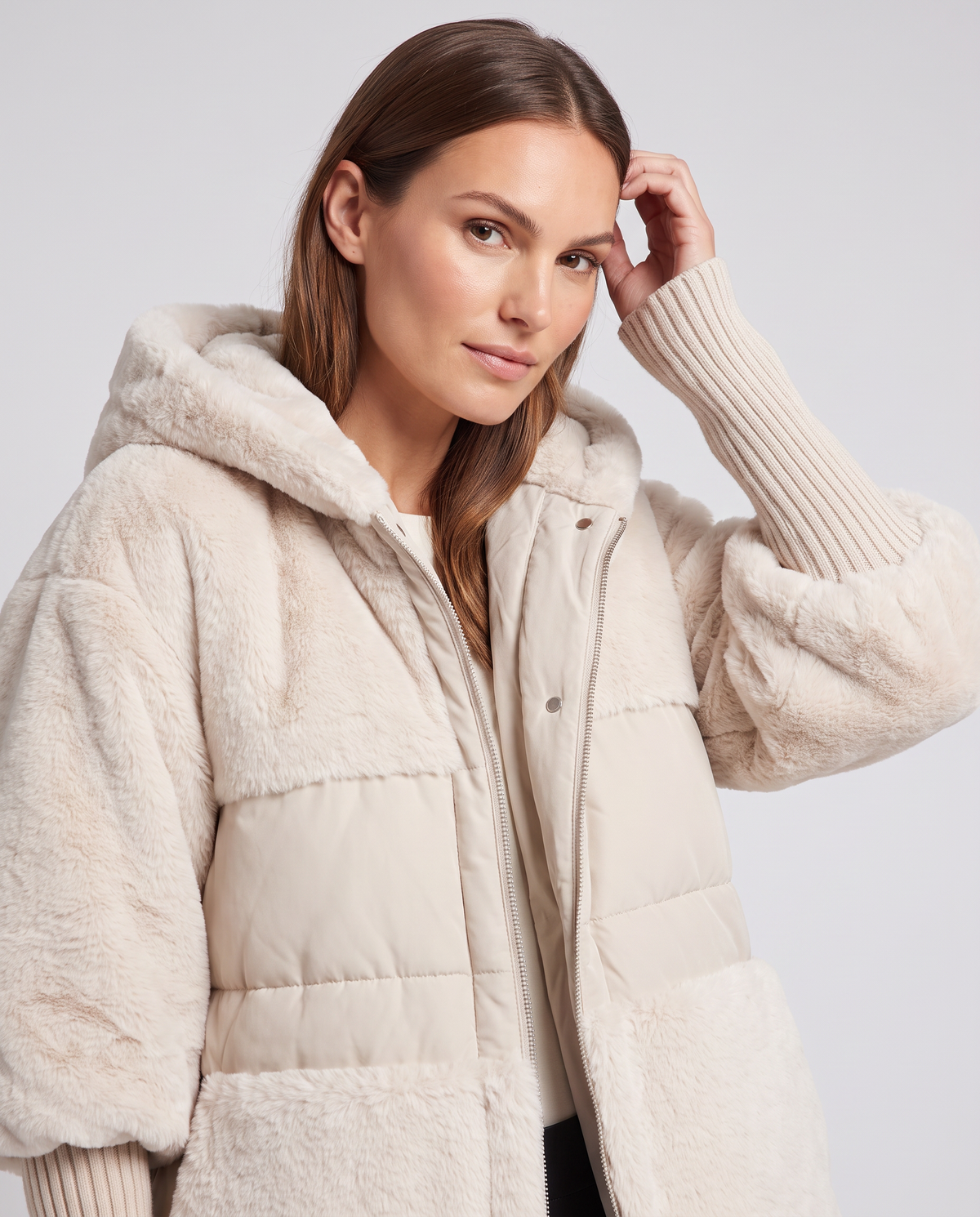 Women's hooded textured panel jacket with quilted sections and ribbed cuffs