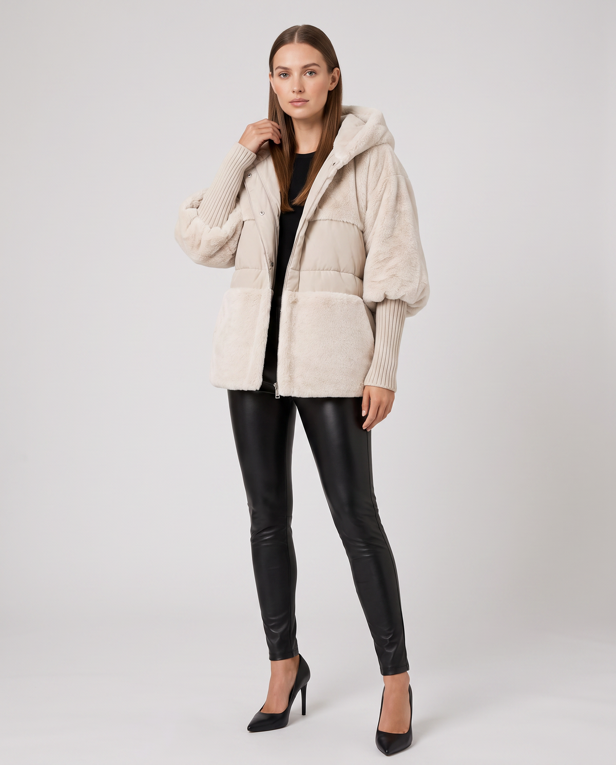 Women's hooded textured panel jacket with quilted sections and ribbed cuffs