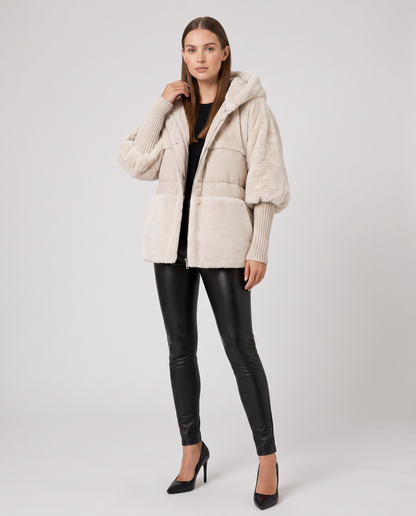 Women's hooded textured panel jacket with quilted sections and ribbed cuffs