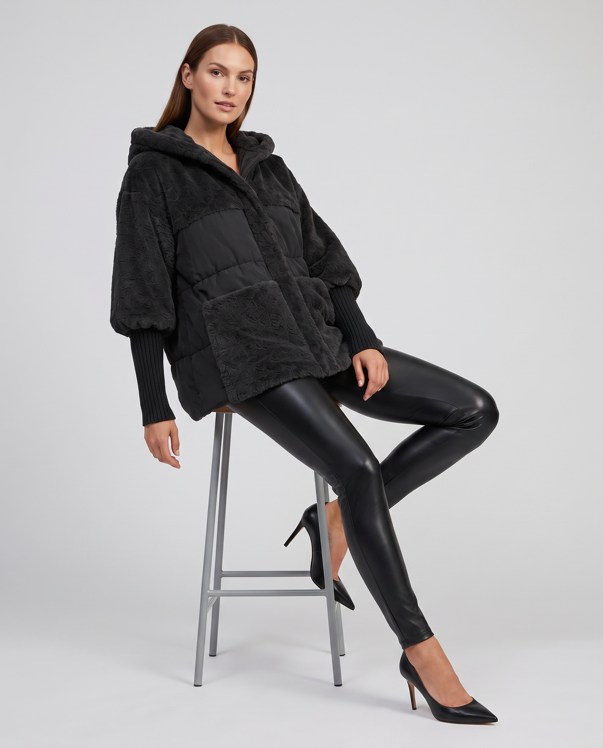 Women's hooded textured panel jacket with quilted sections and ribbed cuffs