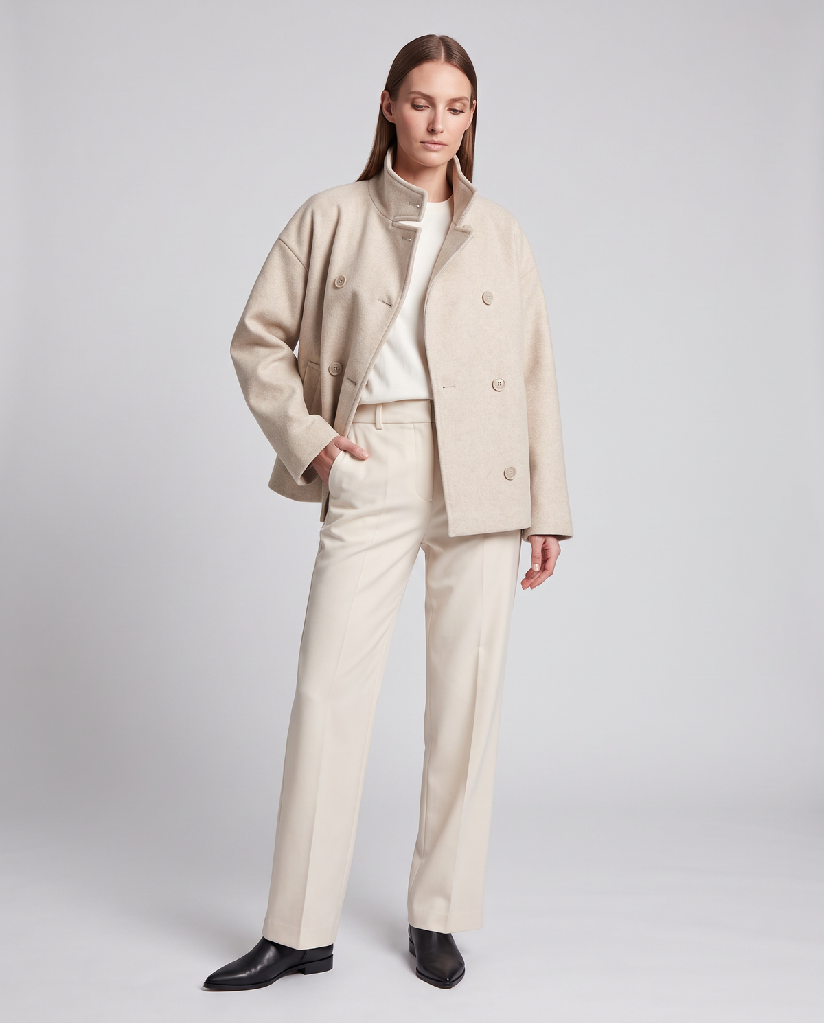 Women's short button-front coat with high collar and long sleeves