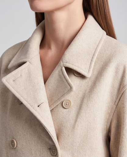 Women's short button-front coat with high collar and long sleeves
