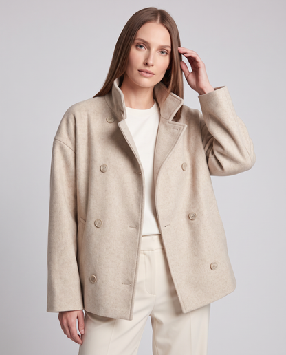 Women's short button-front coat with high collar and long sleeves