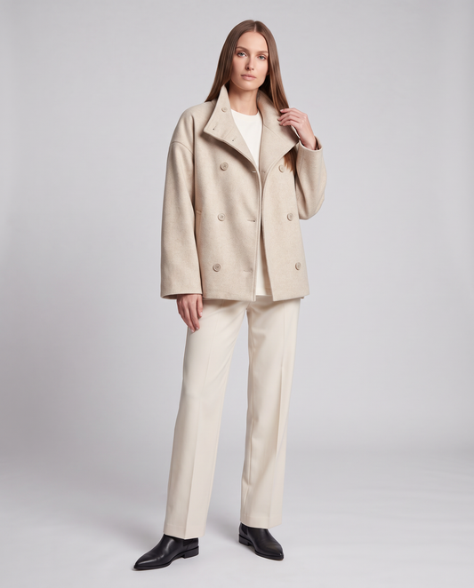 Women's short button-front coat with high collar and long sleeves