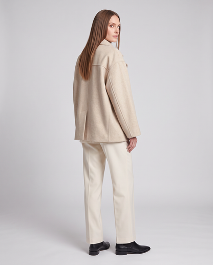 Women's short button-front coat with high collar and long sleeves