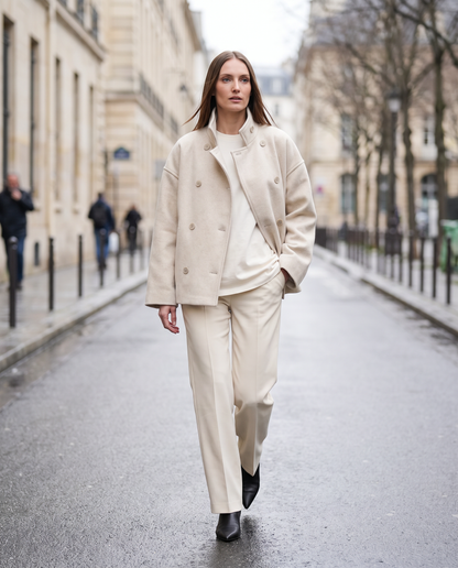 Women's short button-front coat with high collar and long sleeves