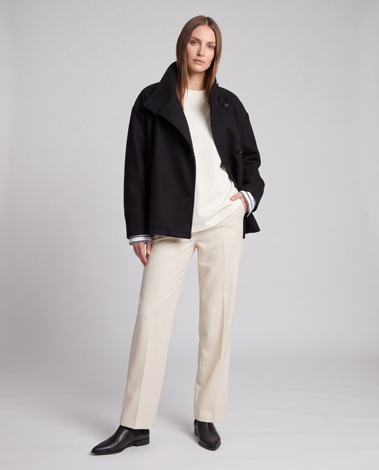 Women's short button-front coat with high collar and long sleeves