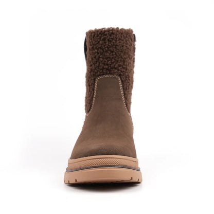Women's brown ankle boots with textured collar, side zipper and low block heel
