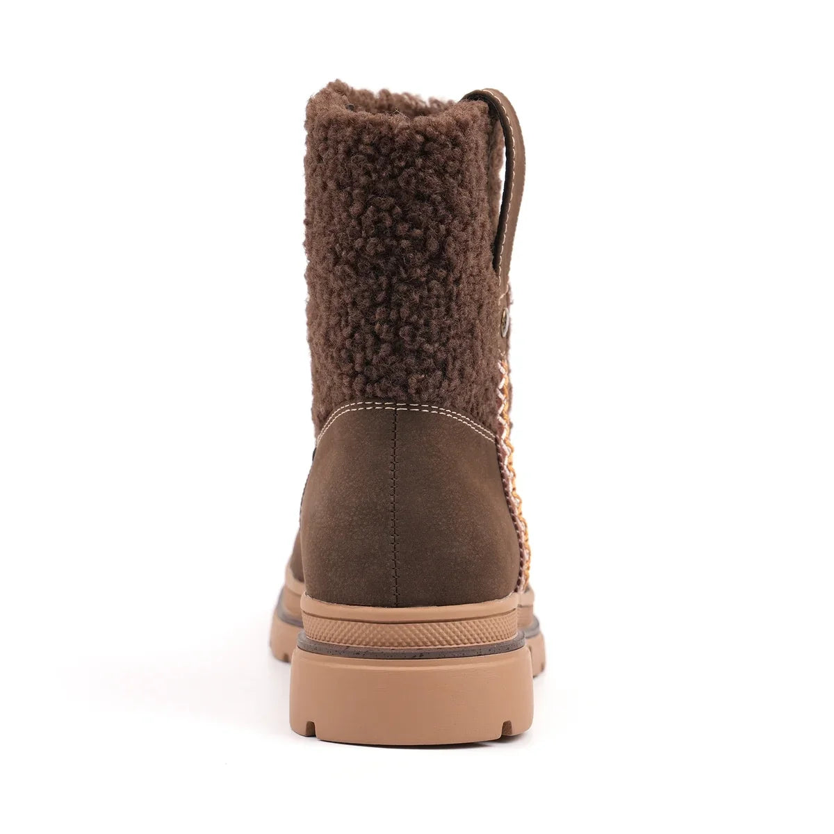 Women's brown ankle boots with textured collar, side zipper and low block heel