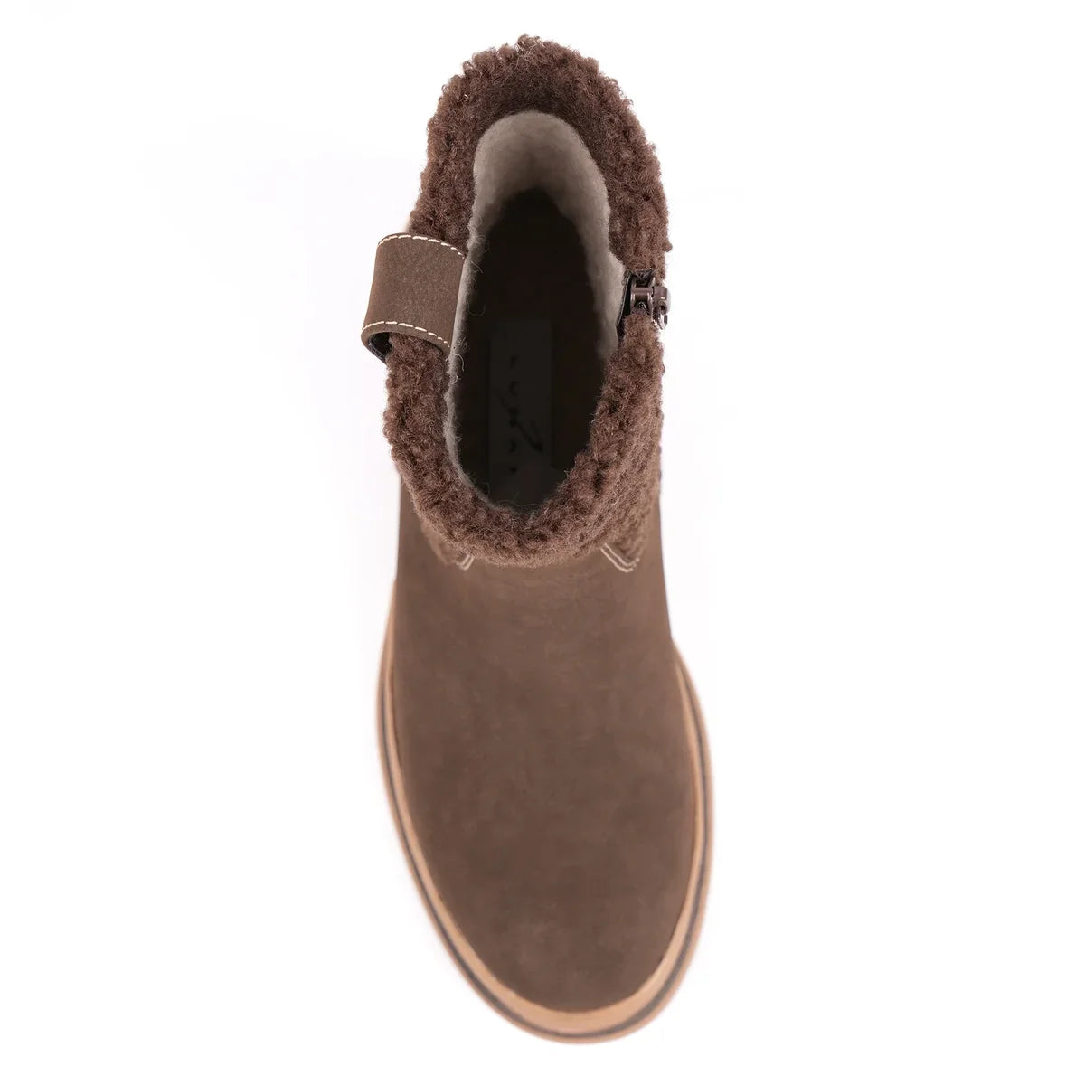 Women's brown ankle boots with textured collar, side zipper and low block heel