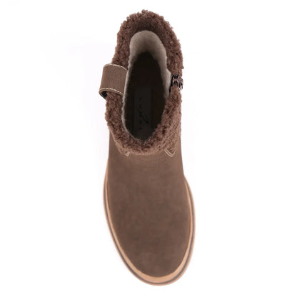 Women's brown ankle boots with textured collar, side zipper and low block heel