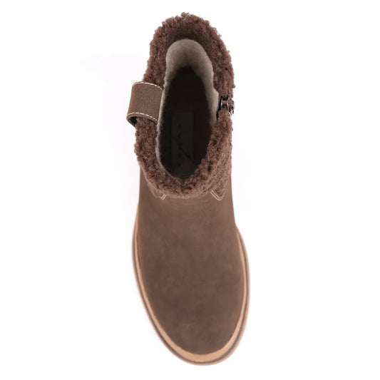 Women's brown ankle boots with textured collar, side zipper and low block heel