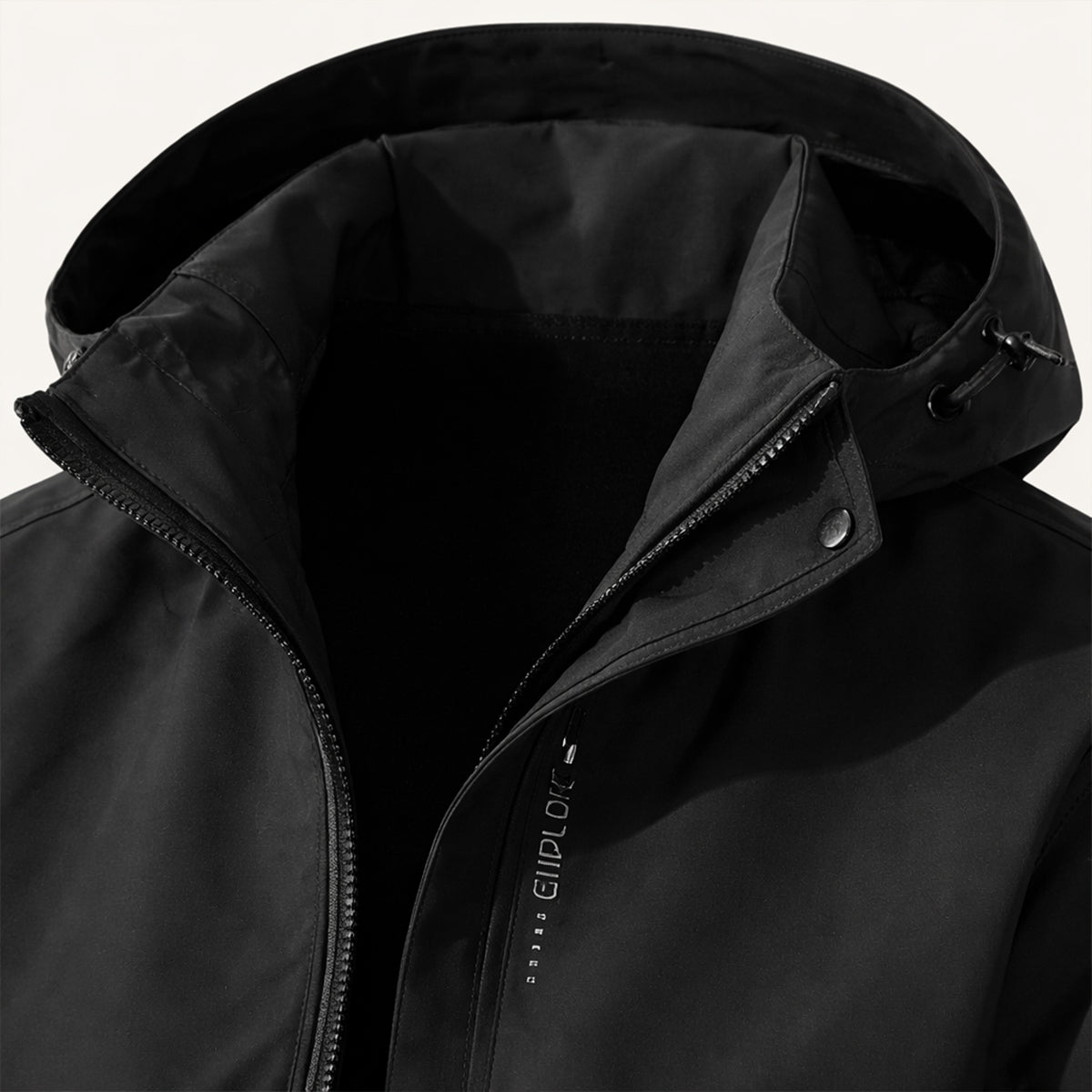 Men's hooded zip-front rain jacket with long sleeves and side zip pockets