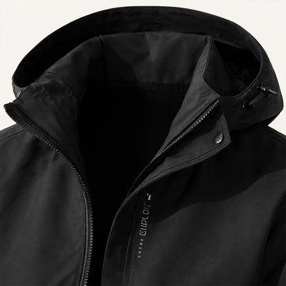 Men's hooded zip-front rain jacket with long sleeves and side zip pockets