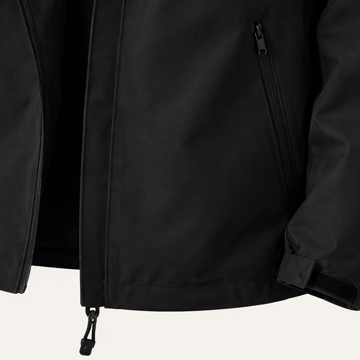 Men's hooded zip-front rain jacket with long sleeves and side zip pockets