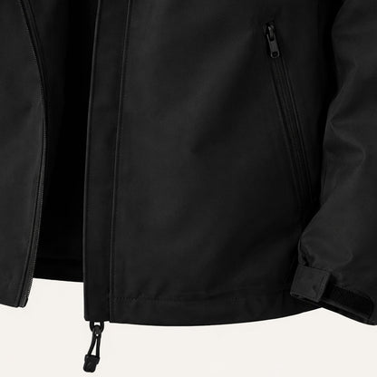 Men's hooded zip-front rain jacket with long sleeves and side zip pockets