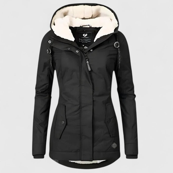 Women's hooded fleece-lined parka jacket with long sleeves and zip front