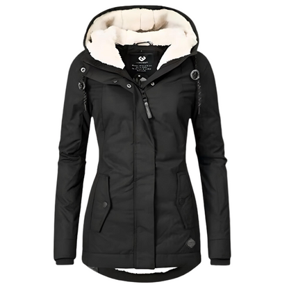 Women's long hooded coat with plush trim, zip front and flap pockets