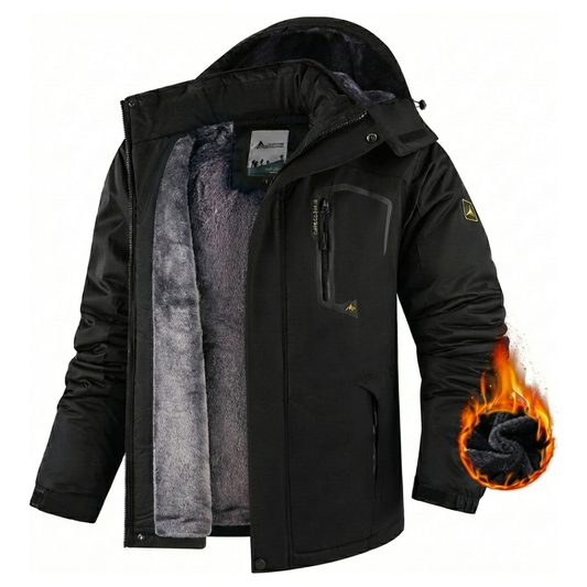 Men's hooded winter jacket with long sleeves, zip front and plush-looking lining