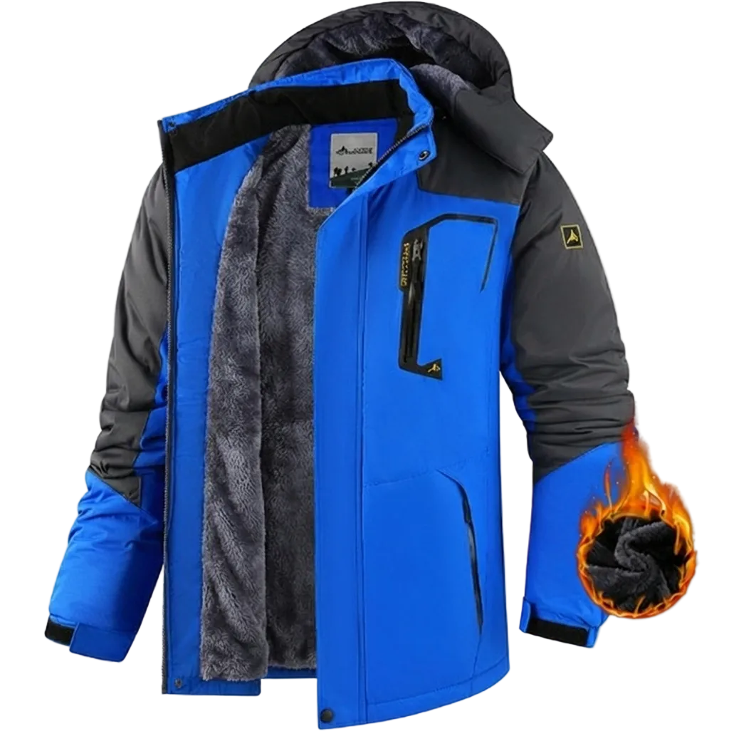 Men's hooded winter jacket with long sleeves, zip front and plush-looking lining