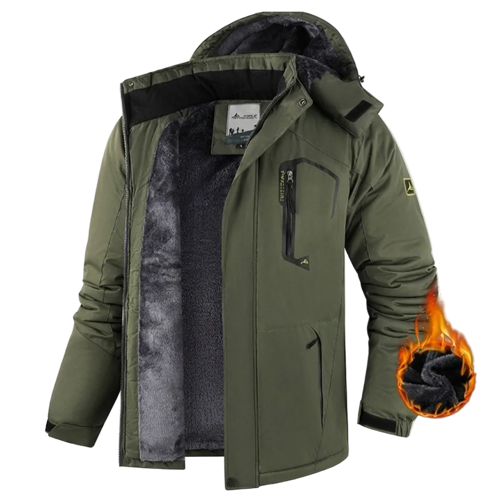 Men's hooded winter jacket with long sleeves, zip front and plush-looking lining