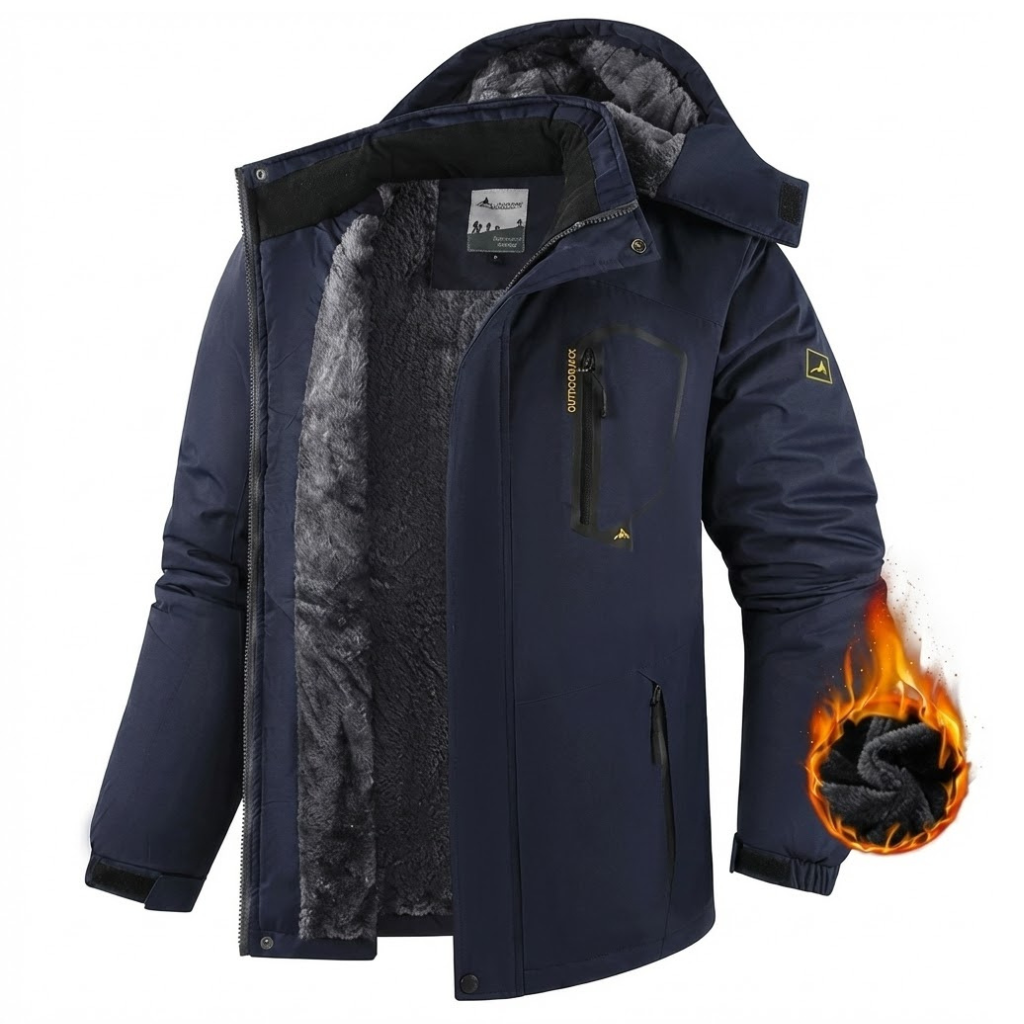 Men's hooded winter jacket with long sleeves, zip front and plush-looking lining