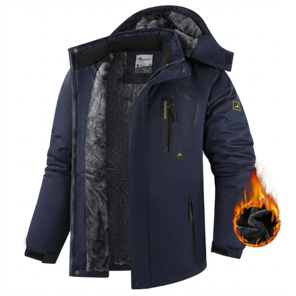 Men's hooded winter jacket with long sleeves, zip front and plush-looking lining