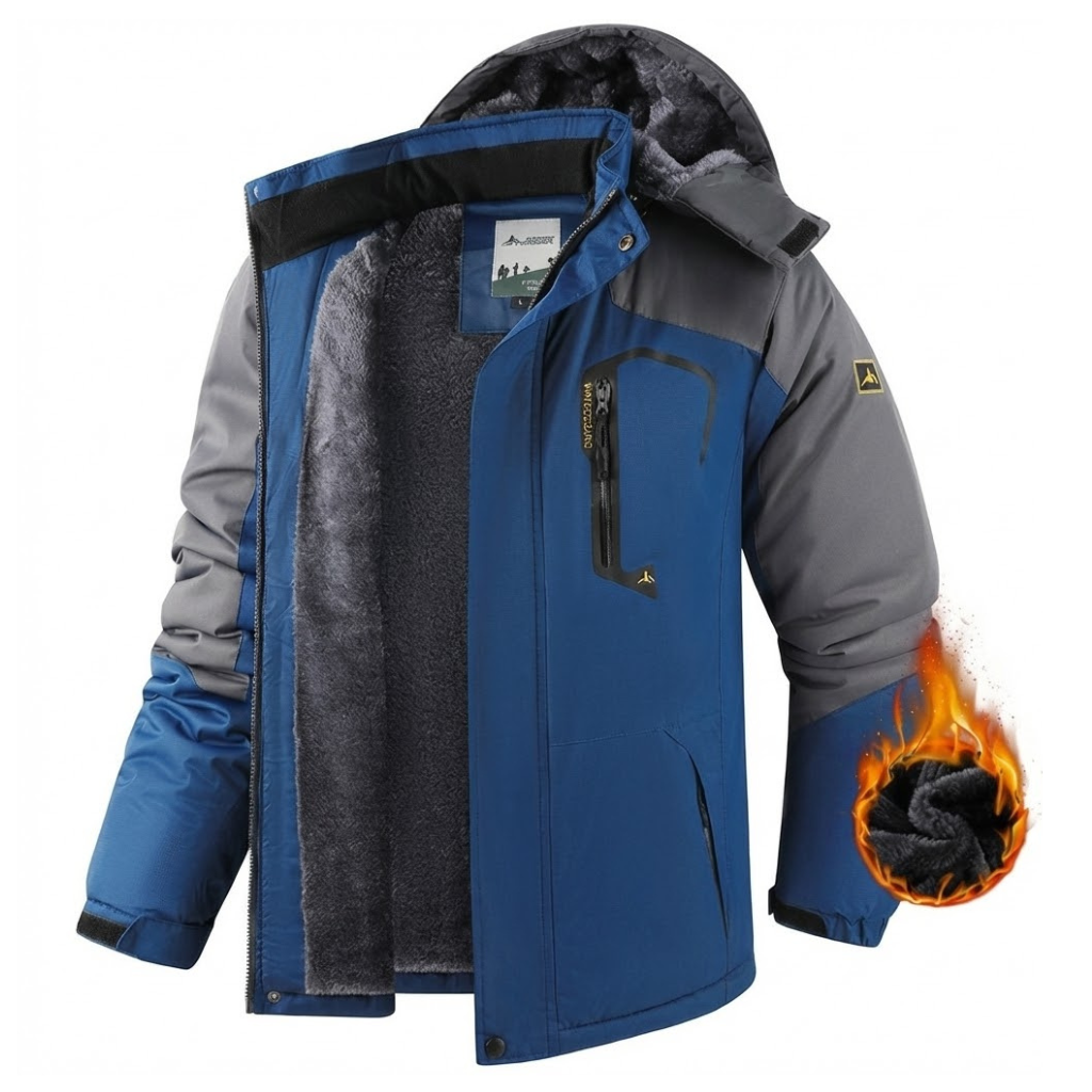 Men's hooded winter jacket with long sleeves, zip front and plush-looking lining