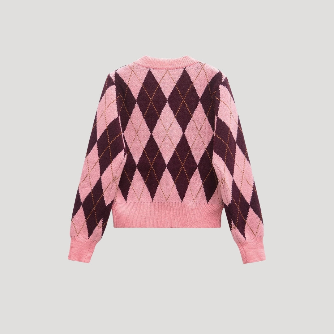 Women's pink and burgundy argyle cropped cardigan with buttons and long sleeves