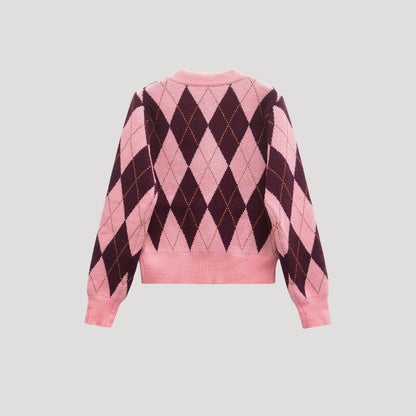 Women's pink and burgundy argyle cropped cardigan with buttons and long sleeves
