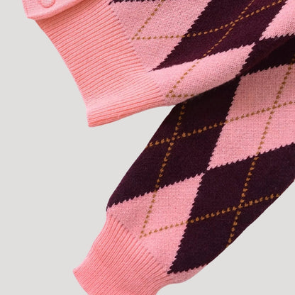 Women's pink and burgundy argyle cropped cardigan with buttons and long sleeves