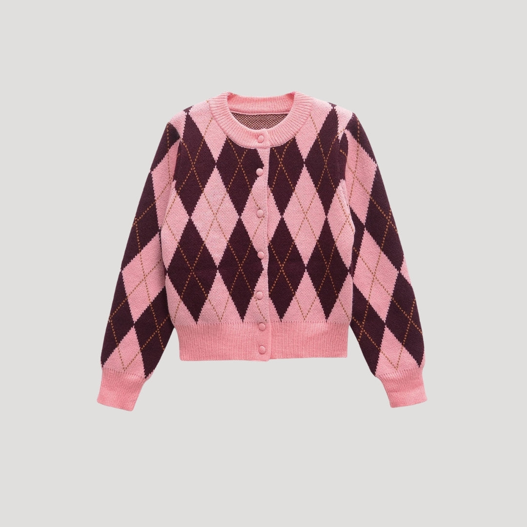 Women's pink and burgundy argyle cropped cardigan with buttons and long sleeves