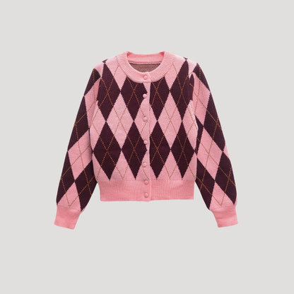 Women's pink and burgundy argyle cropped cardigan with buttons and long sleeves