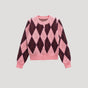 Women's pink and burgundy argyle cropped cardigan with buttons and long sleeves