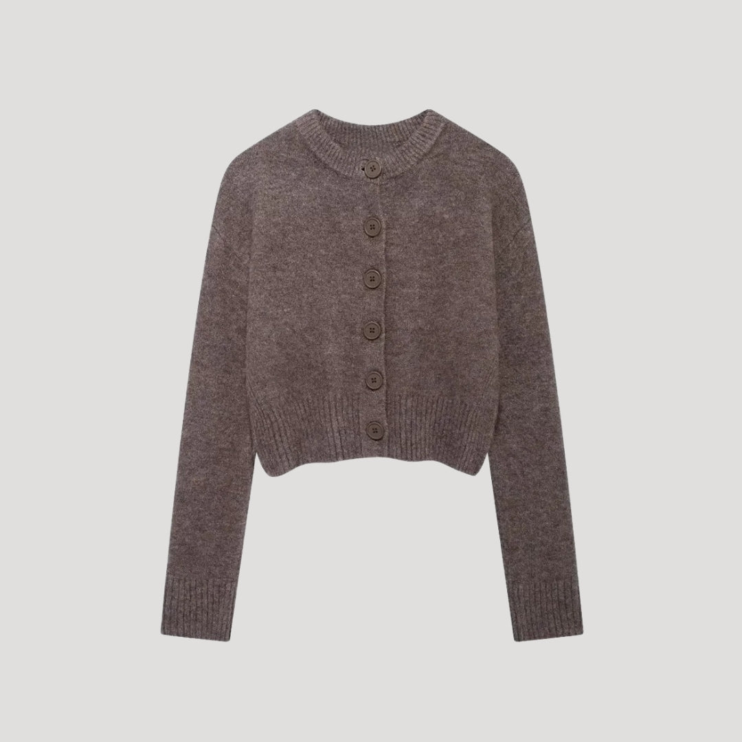 Women's cropped knit cardigan with crew neck and button front