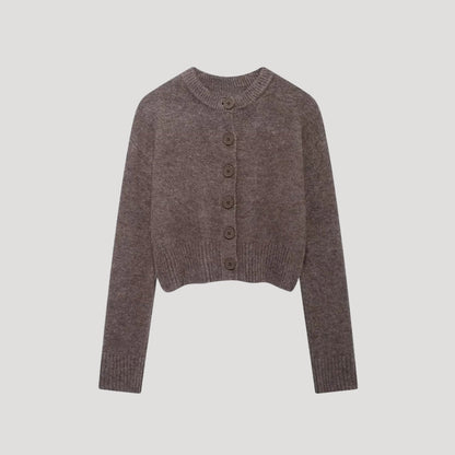 Women's cropped knit cardigan with crew neck and button front