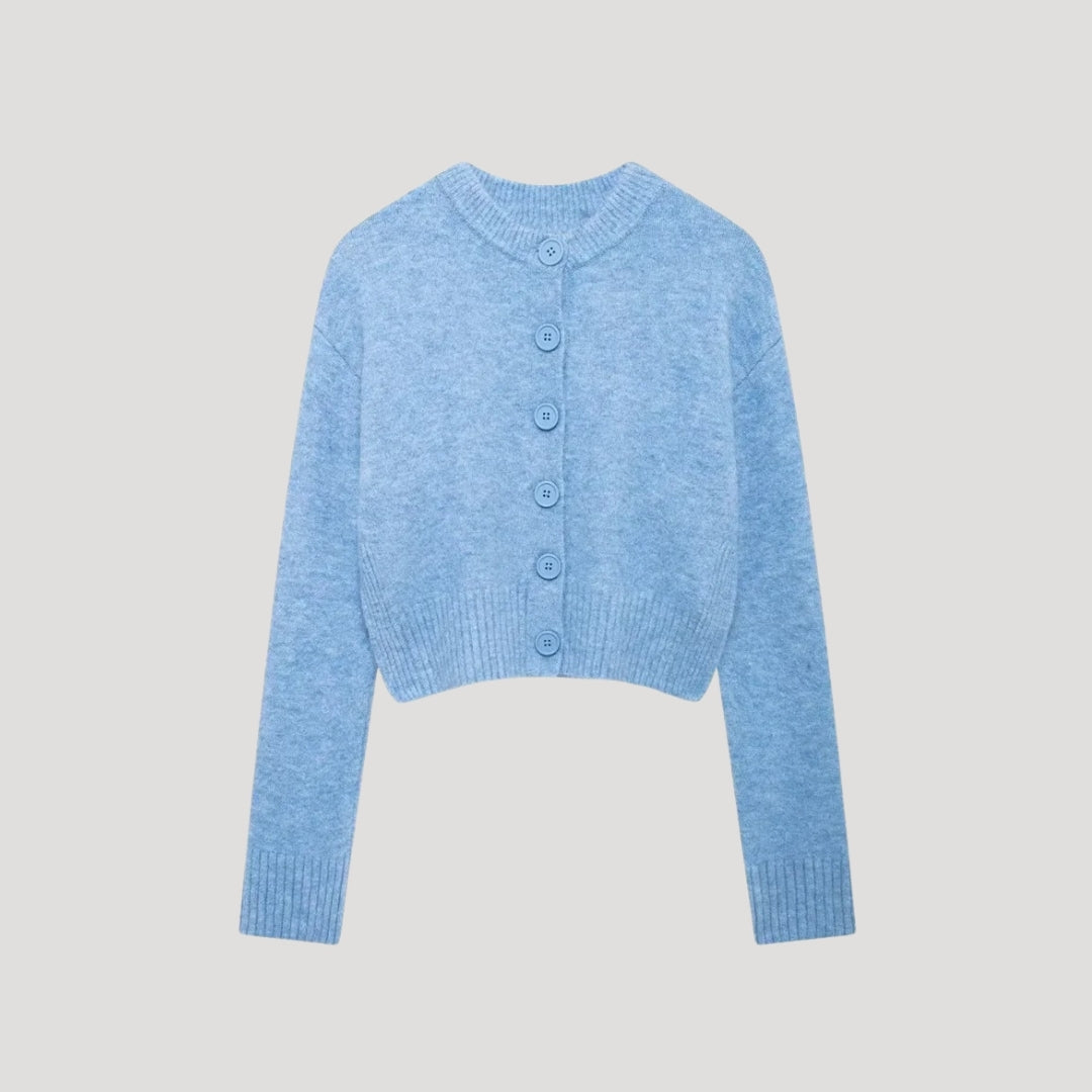 Women's cropped knit cardigan with crew neck and button front