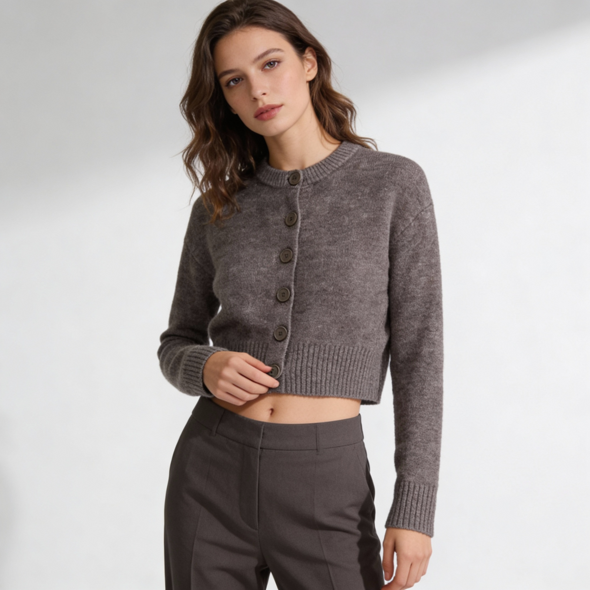 Women's cropped knit cardigan with crew neck and button front