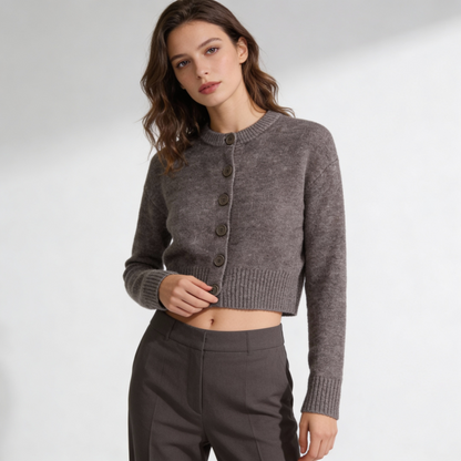 Women's cropped knit cardigan with crew neck and button front