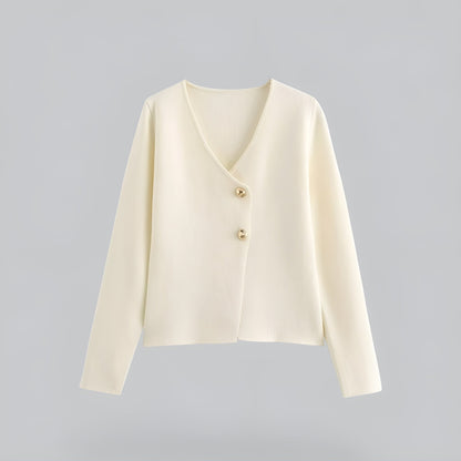 Women's V-neck button front knit cardigan with long sleeves and short hem