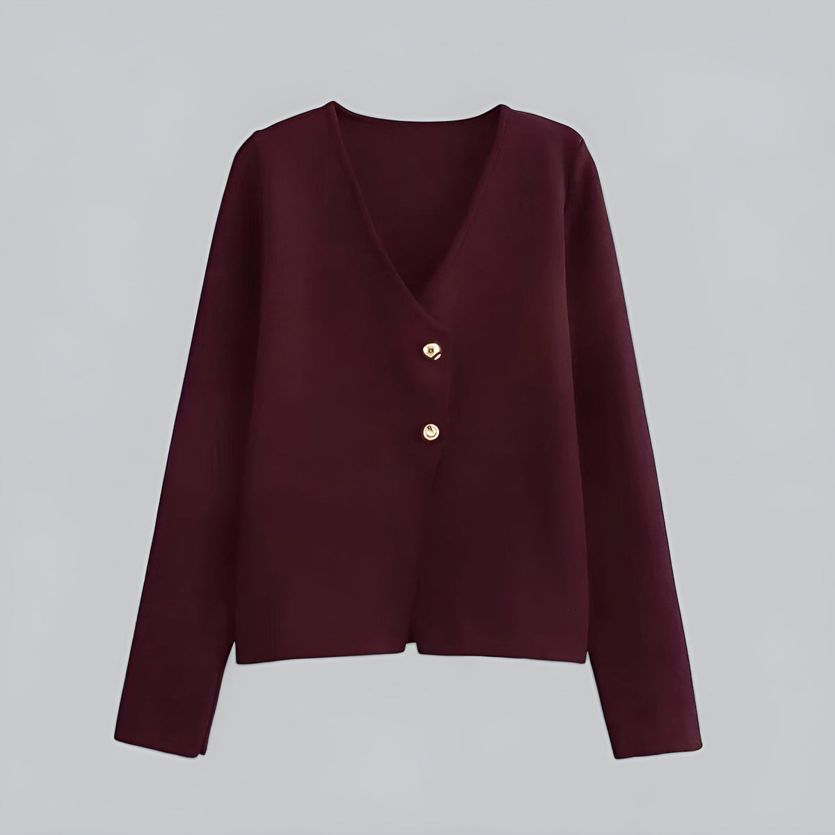Women's V-neck button front knit cardigan with long sleeves and short hem