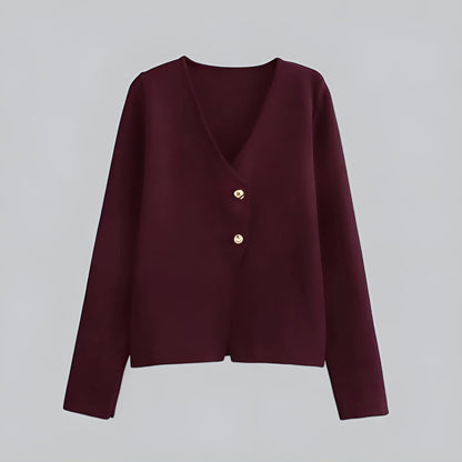 Women's V-neck button front knit cardigan with long sleeves and short hem